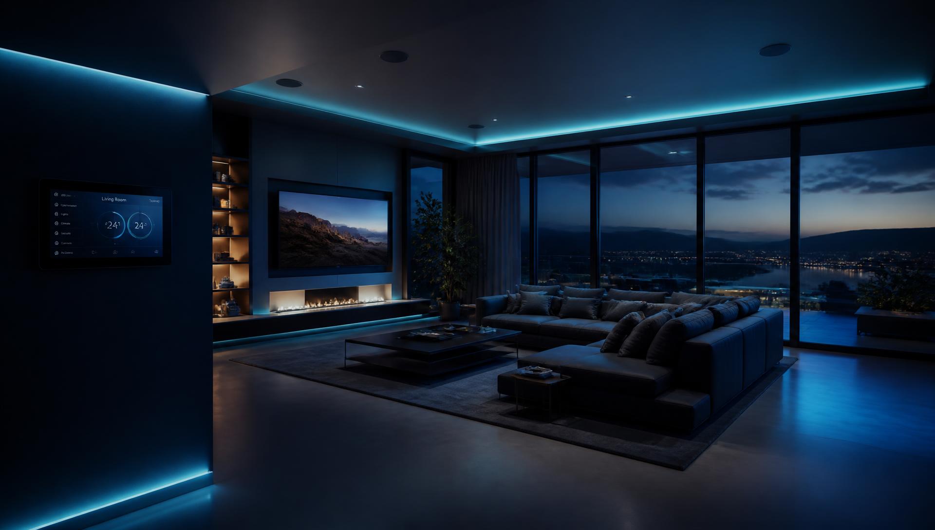 Modern smart home living room with integrated lighting and automation